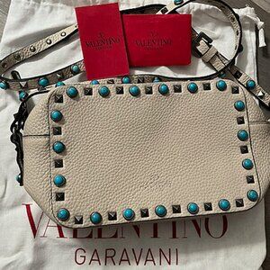 Valentino Garavani Turquoise Rockstud Crossbody Bag Ivory Leather Italy